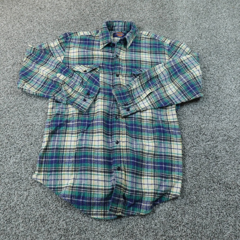 VTG Dickies Shirt Mens L Green Blue Plaid Flannel Button Up Long Sleeve 90s Y2K